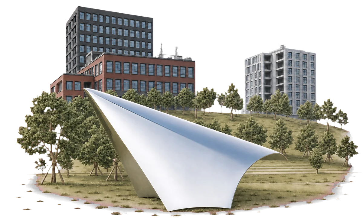 深圳技术大学校园雕塑与教学楼彩色软质三维插画